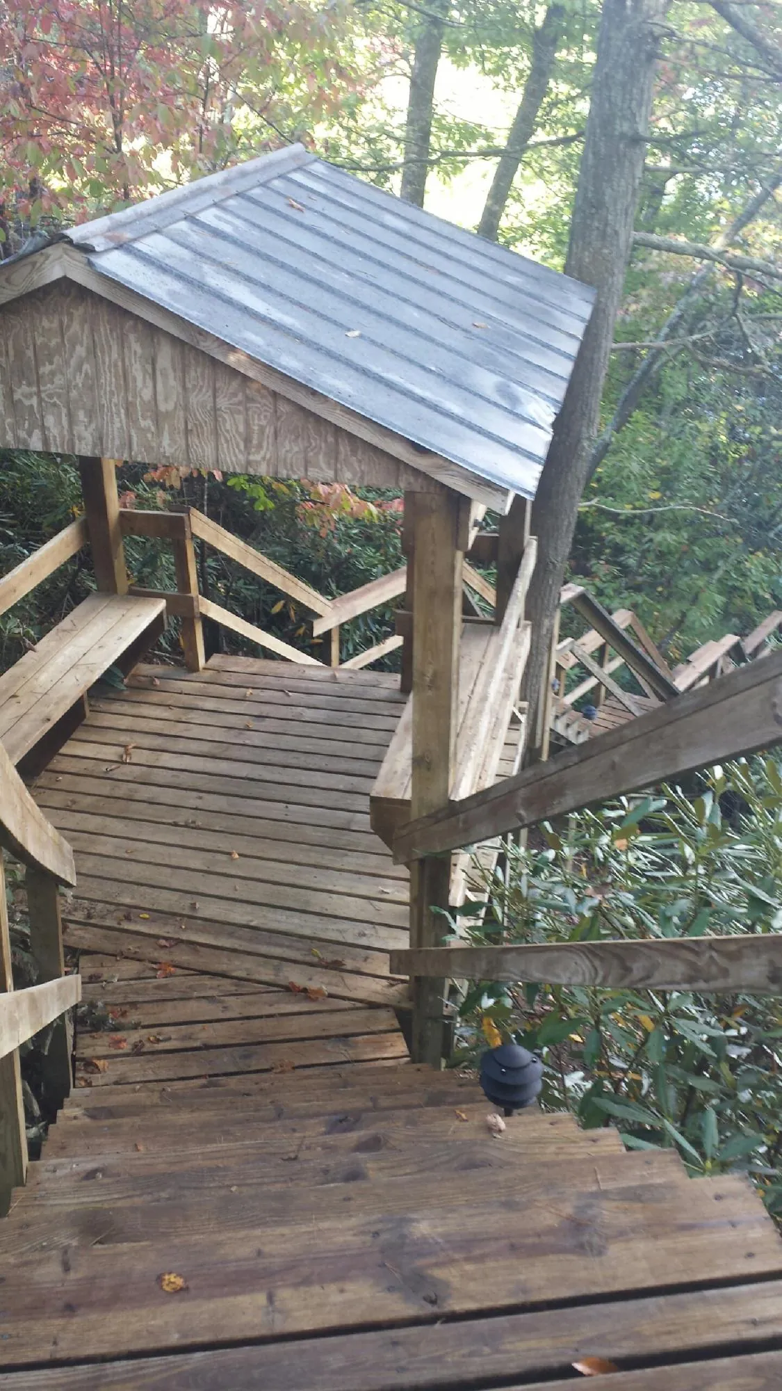 Metal roofed shelter over wooden steps on a wooded walkway — Skylight Repair & Installation work by our crew in Dannemora